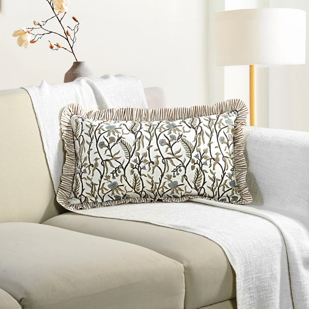 Cocoa Vine Ruffle Pillow Cover 12x20", Hand Block Printed Boho Floral Cotton Throw Cushion Sham