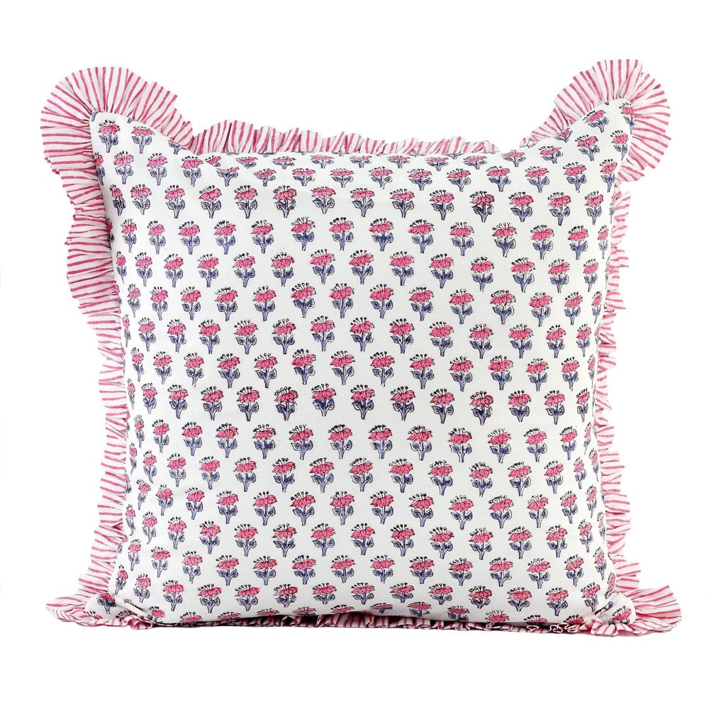 Pink Sapphire Cotton Block Print Ruffle Throw Bed Pillow Covers for Couch, Decorative Couch