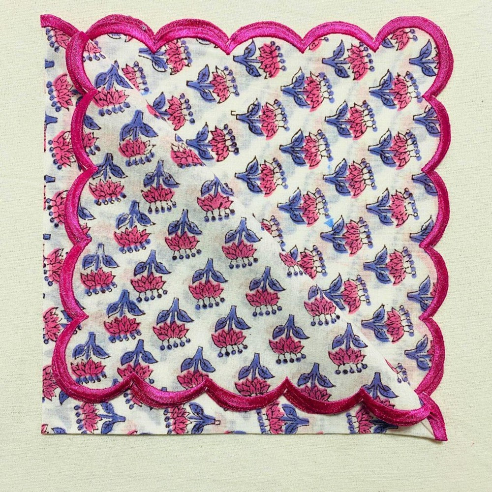 Pink Sapphire Cotton Napkin Set, Hand Block Printed Floral Cloth Napkin with Embroidered Scallop Edge
