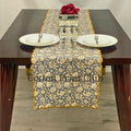 Spanish Grey Floral Table Runner – Hand Block Printed Cotton Table Topper with Scalloped Edge, Farmhouse Wedding