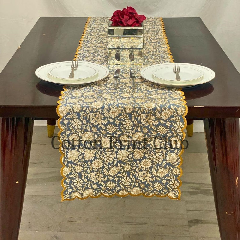 Spanish Grey Floral Table Runner – Hand Block Printed Cotton Table Topper with Scalloped Edge, Farmhouse Wedding