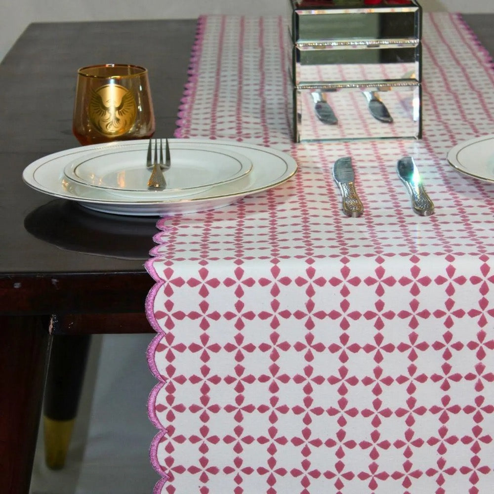 Magenta Pink Floral Table Runner – Handmade Cotton with Scallop Embroidery, Boho Chic Wedding & Party Decor