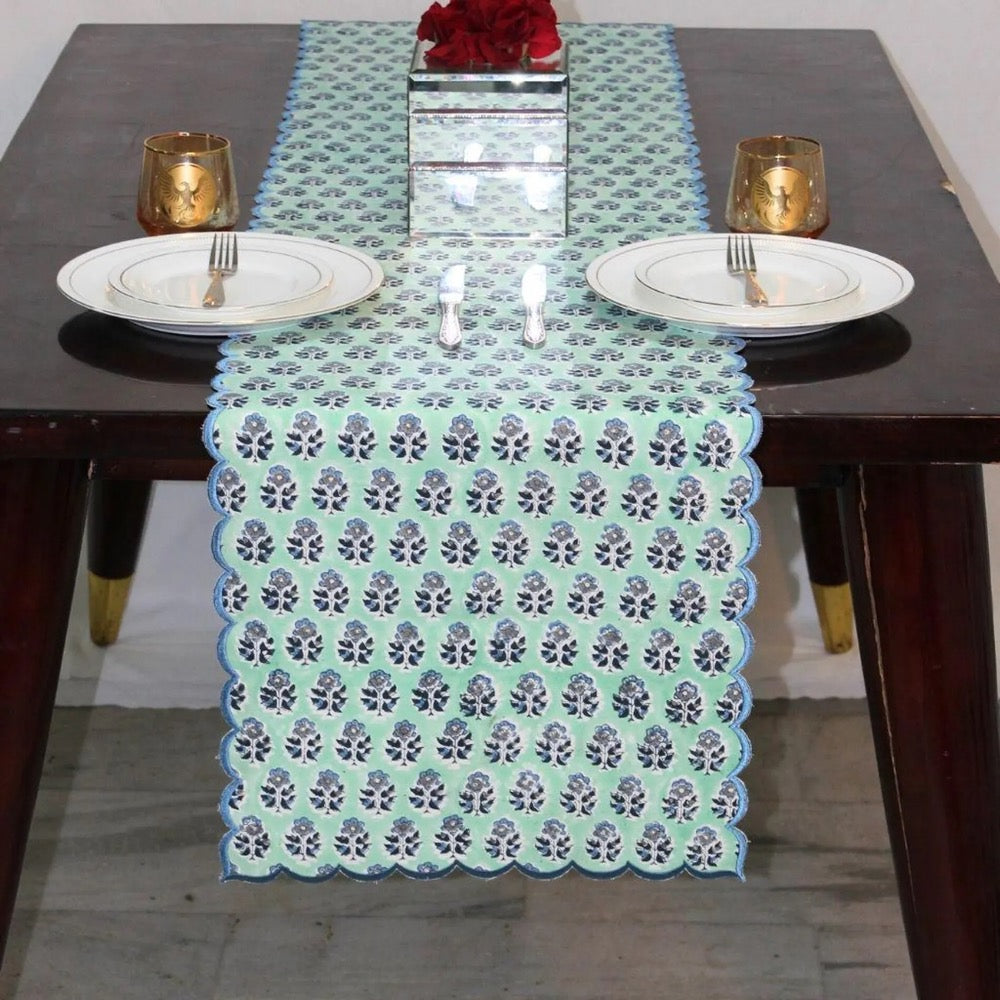Poppy Blue Floral Table Runner – Hand Block Printed Cotton with Scallop Embroidery Farmhouse Dining Linen for Wedding