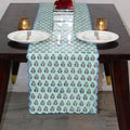 Poppy Blue Floral Table Runner – Hand Block Printed Cotton with Scallop Embroidery Farmhouse Dining Linen for Wedding