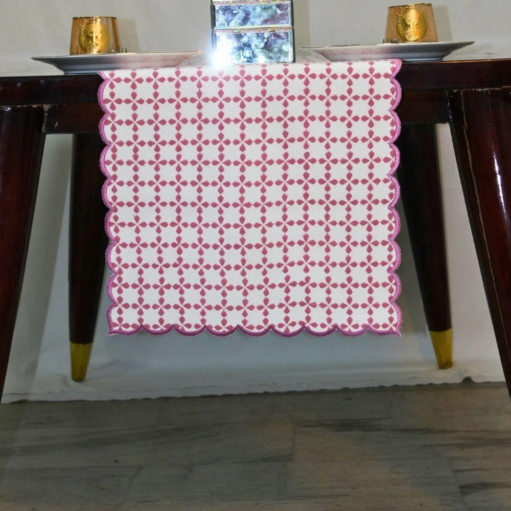 Magenta Pink Floral Table Runner – Handmade Cotton with Scallop Embroidery, Boho Chic Wedding & Party Decor