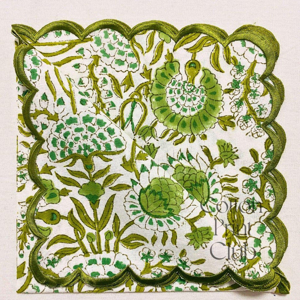 Agate Green Cotton Napkin Set, Hand Block Printed Floral Embroidered Cloth Napkins, Reusable Boho Farmhouse