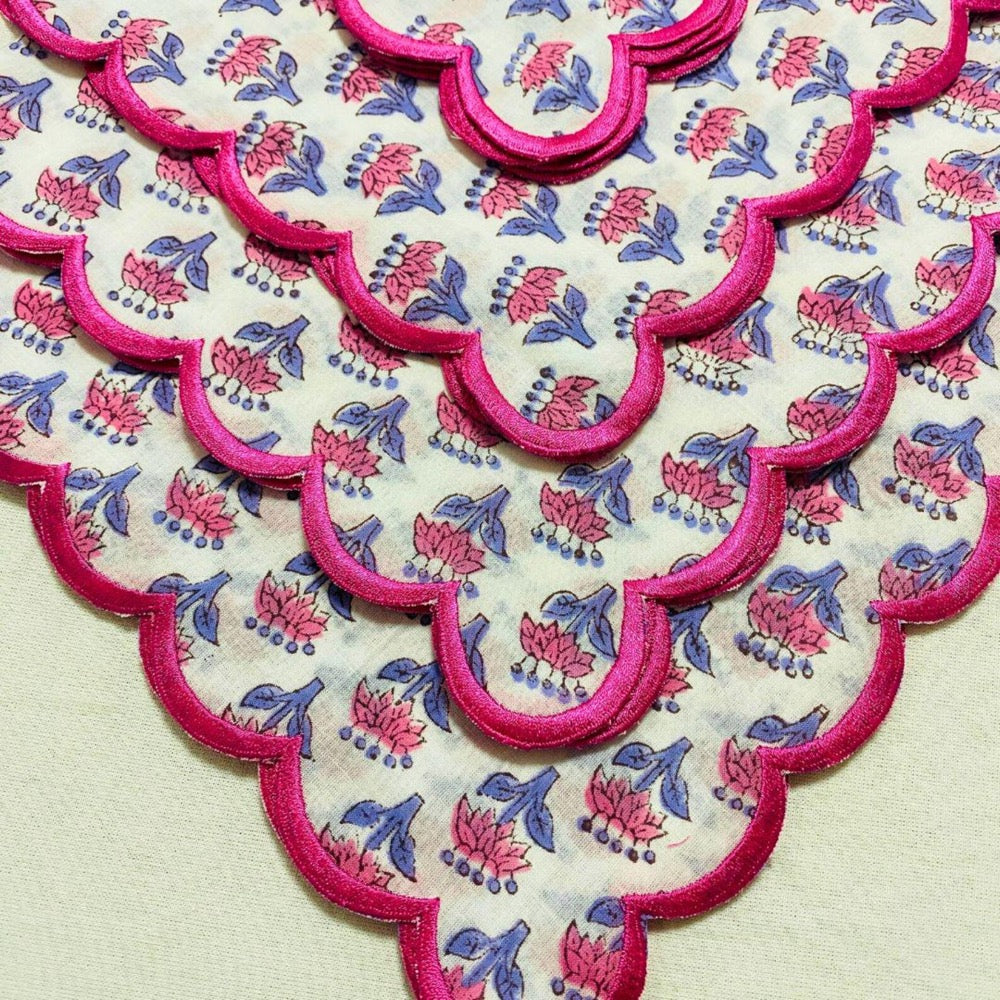 Pink Sapphire Cotton Napkin Set, Hand Block Printed Floral Cloth Napkin with Embroidered Scallop Edge