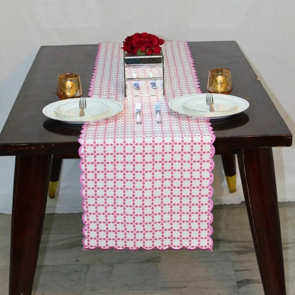 Magenta Pink Floral Table Runner – Handmade Cotton with Scallop Embroidery, Boho Chic Wedding & Party Decor