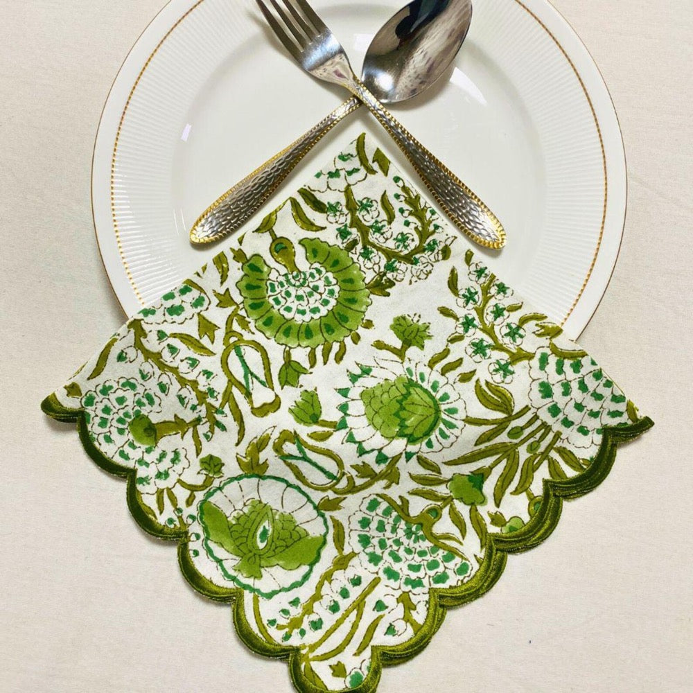 Agate Green Cotton Napkin Set, Hand Block Printed Floral Embroidered Cloth Napkins, Reusable Boho Farmhouse