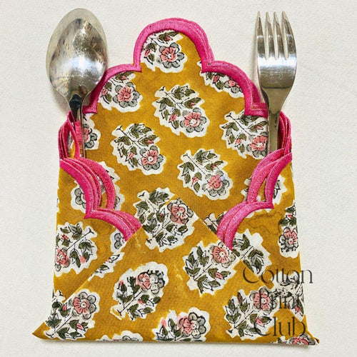 Citrine Yellow Cotton Napkin Set, Hand Block Printed Floral Cloth Napkin with Embroidered Scallop Edge