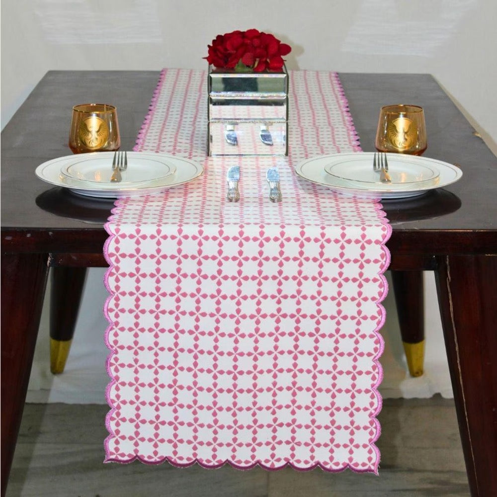 Magenta Pink Floral Table Runner – Handmade Cotton with Scallop Embroidery, Boho Chic Wedding & Party Decor