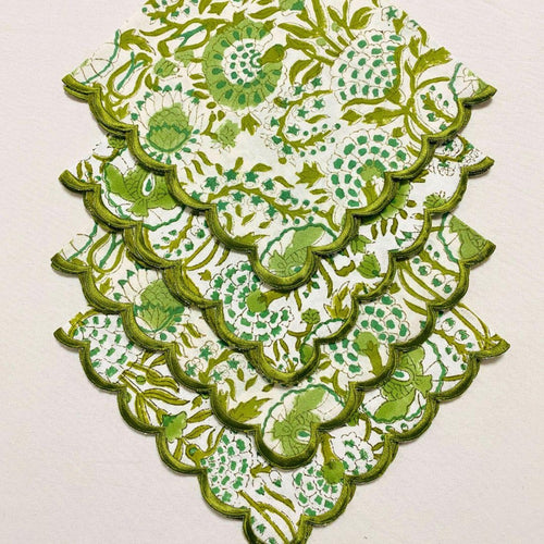 Agate Green Cotton Napkin Set, Hand Block Printed Floral Embroidered Cloth Napkins, Reusable Boho Farmhouse