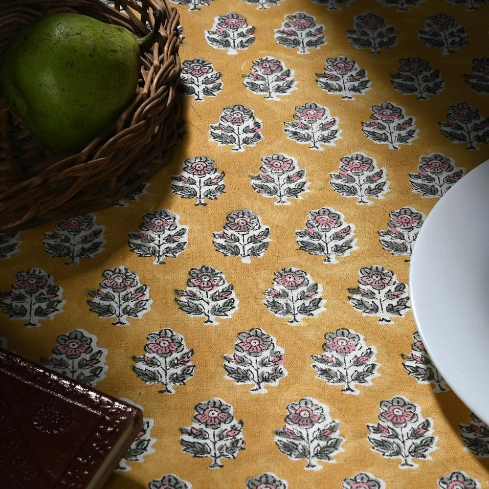 efashionhome.comCitrine Yellow Hand Block Printed Cotton Tablecloth, Indian Floral Rectangular Table Cover for Dining