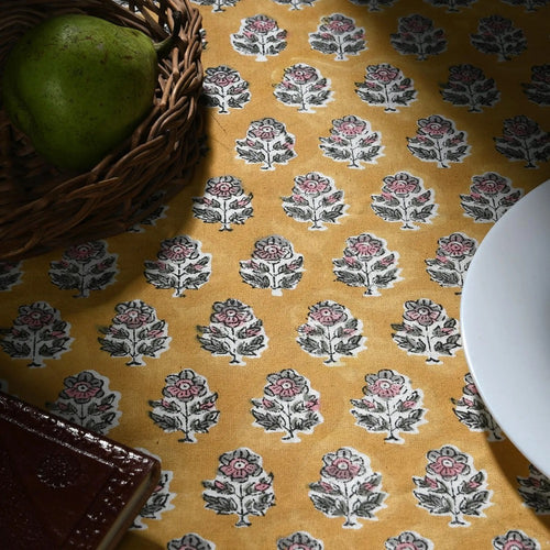 efashionhome.comCitrine Yellow Hand Block Printed Cotton Tablecloth, Indian Floral Rectangular Table Cover for Dining