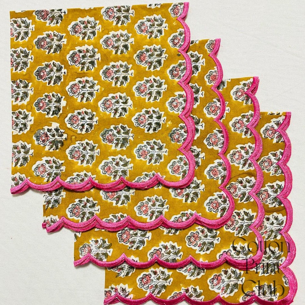 Citrine Yellow Cotton Napkin Set, Hand Block Printed Floral Cloth Napkin with Embroidered Scallop Edge