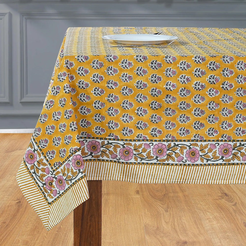 efashionhome.comCitrine Yellow Hand Block Printed Cotton Tablecloth, Indian Floral Rectangular Table Cover for Dining