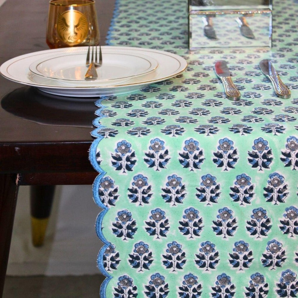 Poppy Blue Floral Table Runner – Hand Block Printed Cotton with Scallop Embroidery Farmhouse Dining Linen for Wedding