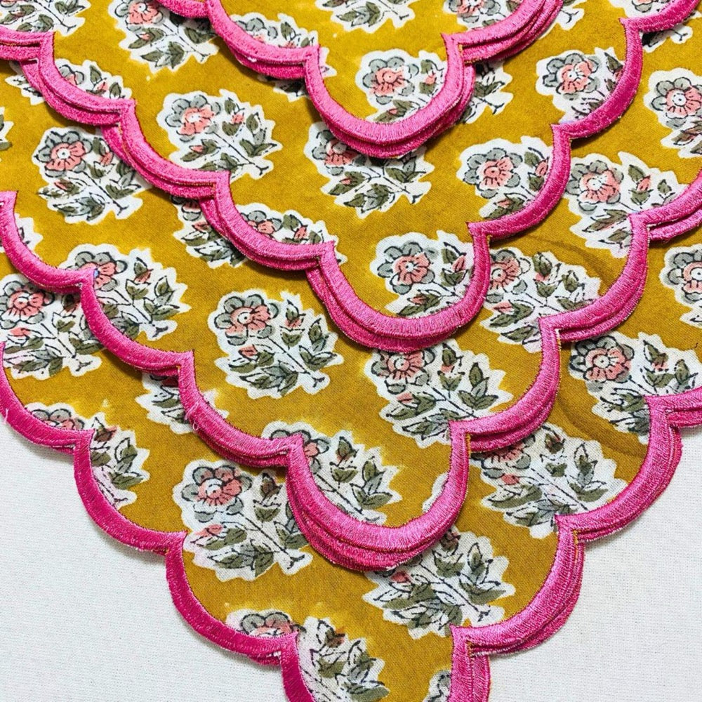 Citrine Yellow Cotton Napkin Set, Hand Block Printed Floral Cloth Napkin with Embroidered Scallop Edge