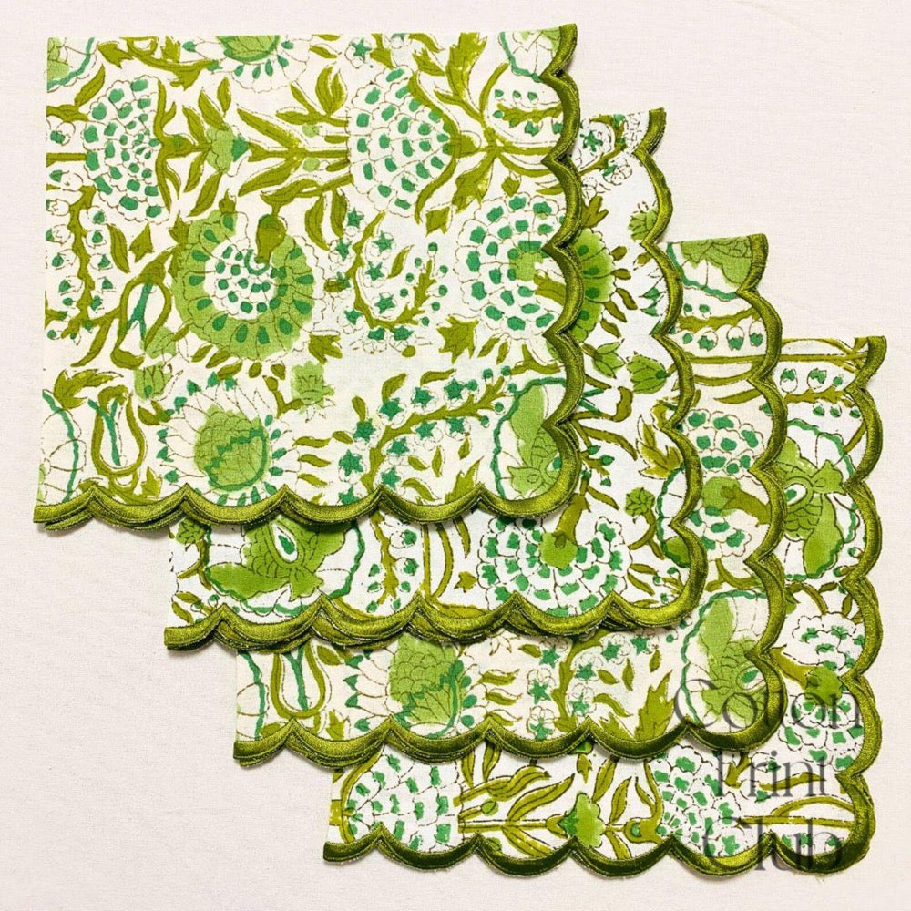 Agate Green Cotton Napkin Set, Hand Block Printed Floral Embroidered Cloth Napkins, Reusable Boho Farmhouse