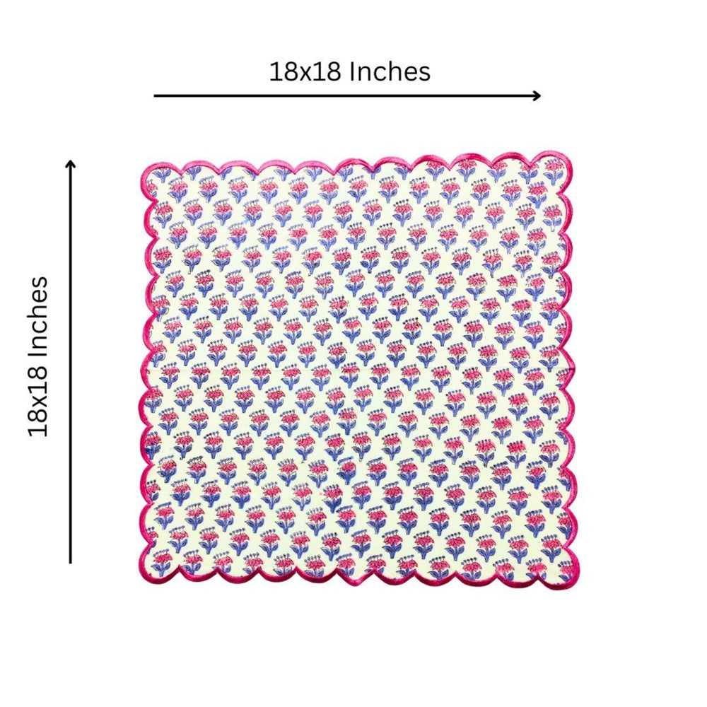 Pink Sapphire Cotton Napkin Set, Hand Block Printed Floral Cloth Napkin with Embroidered Scallop Edge