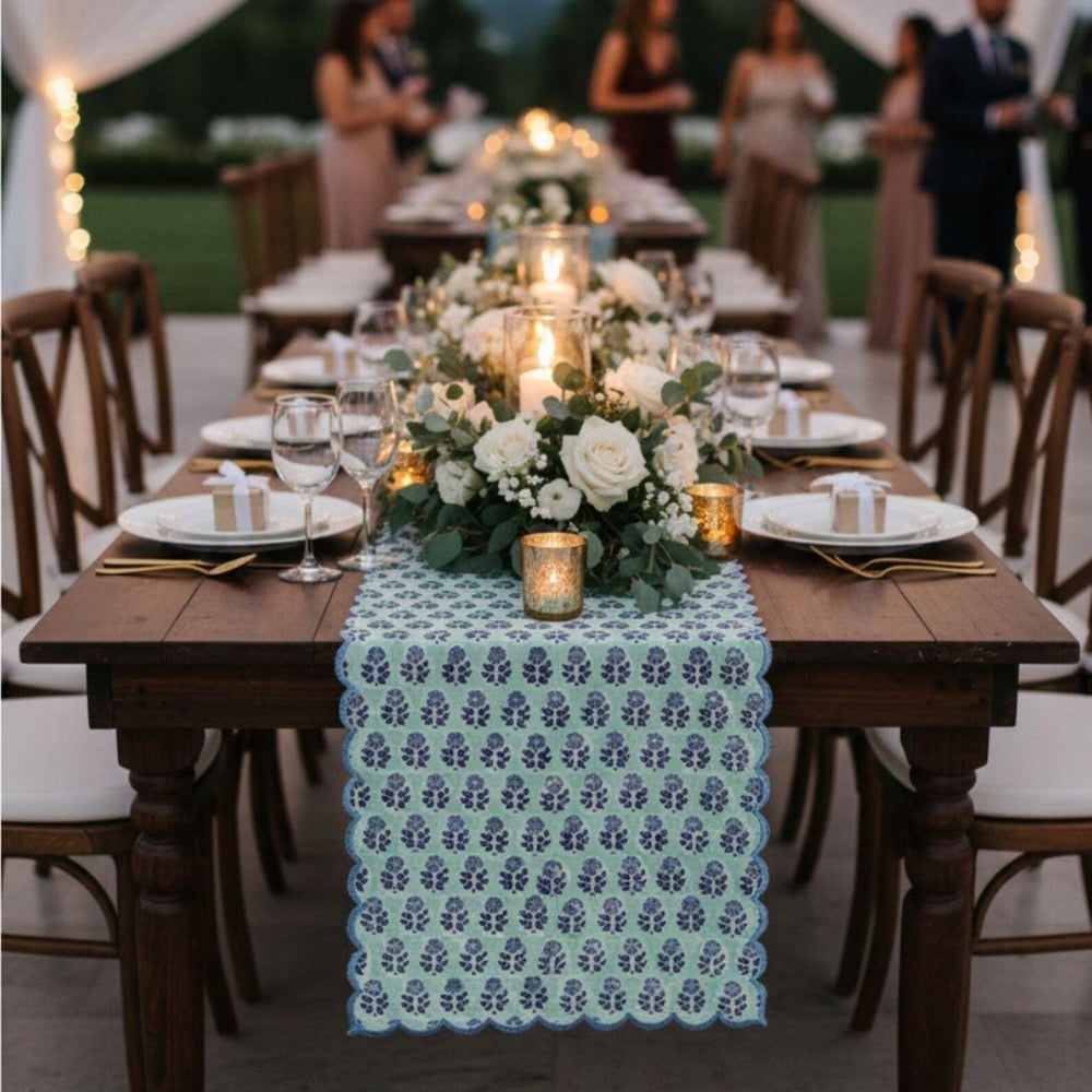 Poppy Blue Floral Table Runner – Hand Block Printed Cotton with Scallop Embroidery Farmhouse Dining Linen for Wedding