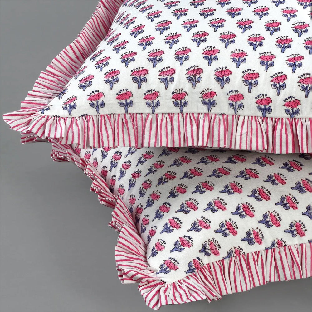 Pink Sapphire Cotton Block Print Ruffle Throw Bed Pillow Covers for Couch, Decorative Couch