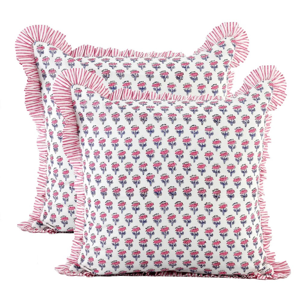 Pink Sapphire Cotton Block Print Ruffle Throw Bed Pillow Covers for Couch, Decorative Couch