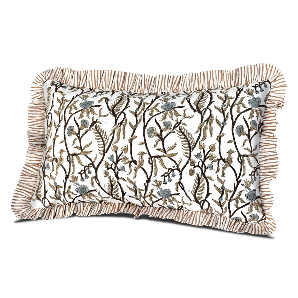 Cocoa Vine Ruffle Pillow Cover 12x20", Hand Block Printed Boho Floral Cotton Throw Cushion Sham