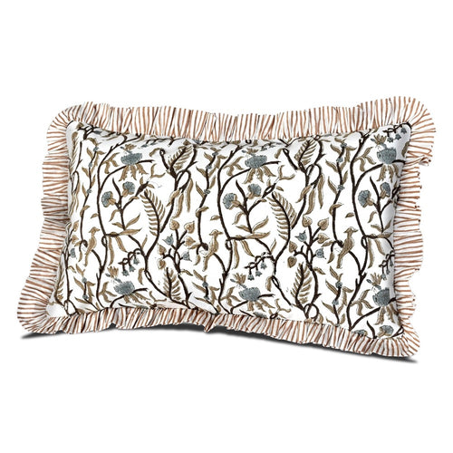 Cocoa Vine Ruffle Pillow Cover 12x20", Hand Block Printed Boho Floral Cotton Throw Cushion Sham