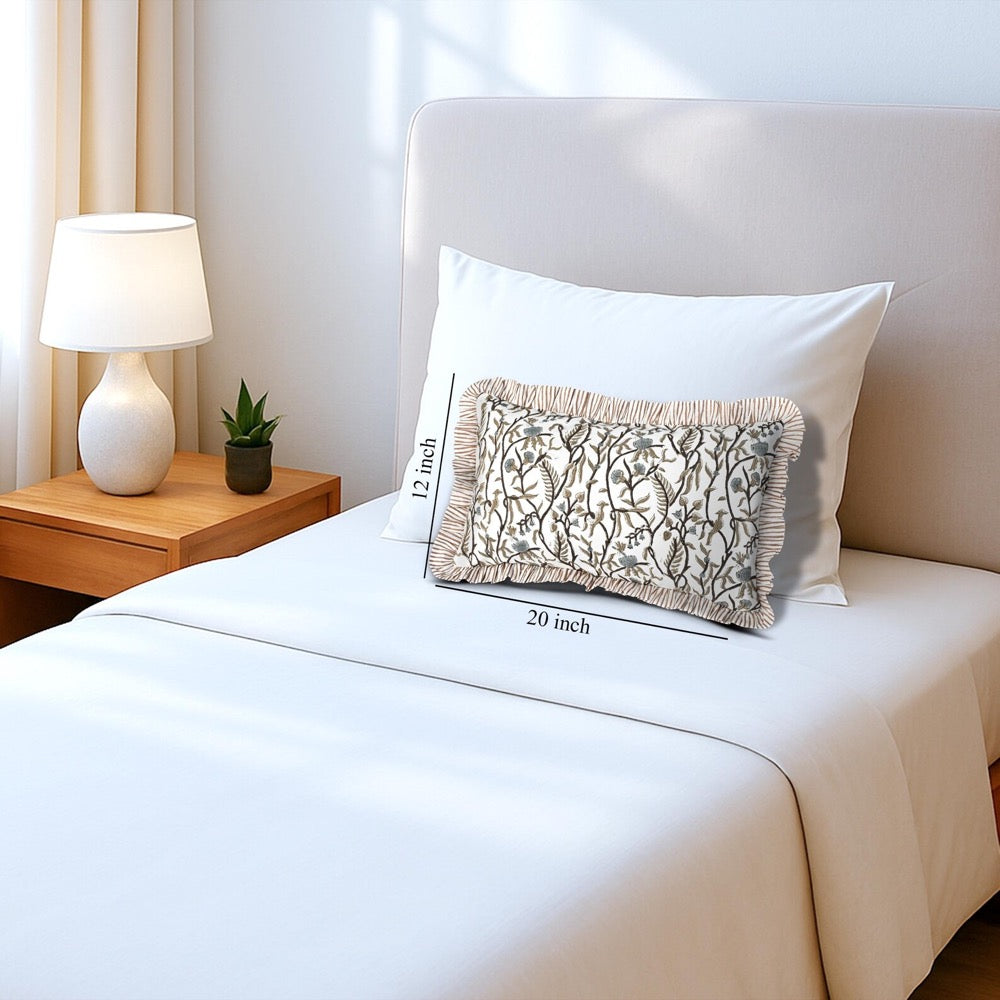 Cocoa Vine Ruffle Pillow Cover 12x20", Hand Block Printed Boho Floral Cotton Throw Cushion Sham