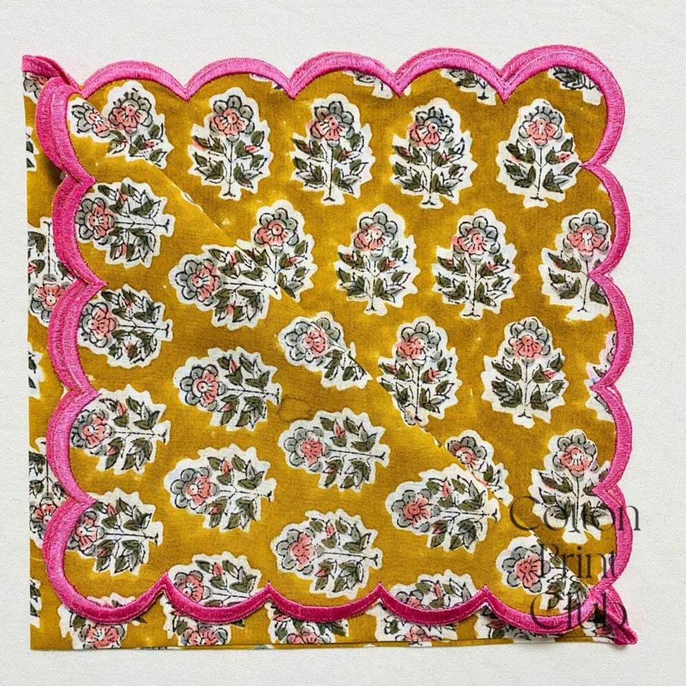 Citrine Yellow Cotton Napkin Set, Hand Block Printed Floral Cloth Napkin with Embroidered Scallop Edge