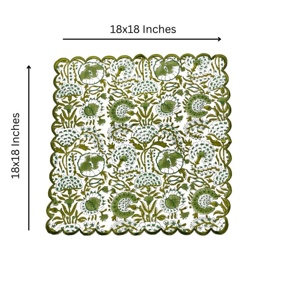 Agate Green Cotton Napkin Set, Hand Block Printed Floral Embroidered Cloth Napkins, Reusable Boho Farmhouse