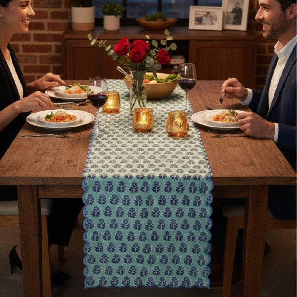 Poppy Blue Floral Table Runner – Hand Block Printed Cotton with Scallop Embroidery Farmhouse Dining Linen for Wedding