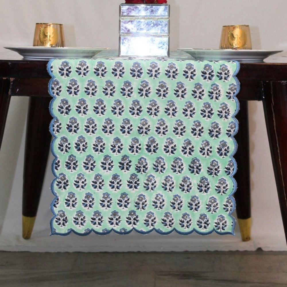 Poppy Blue Floral Table Runner – Hand Block Printed Cotton with Scallop Embroidery Farmhouse Dining Linen for Wedding