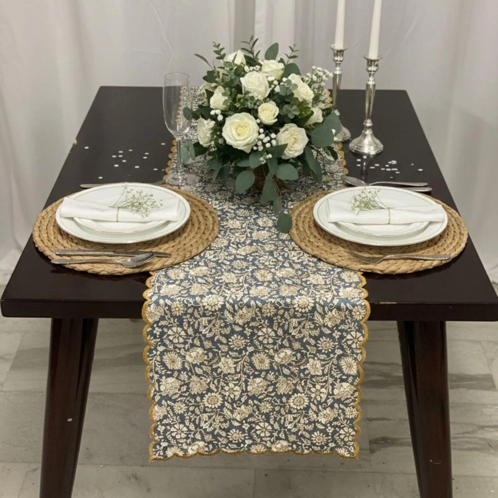Spanish Grey Floral Table Runner – Hand Block Printed Cotton Table Topper with Scalloped Edge, Farmhouse Wedding
