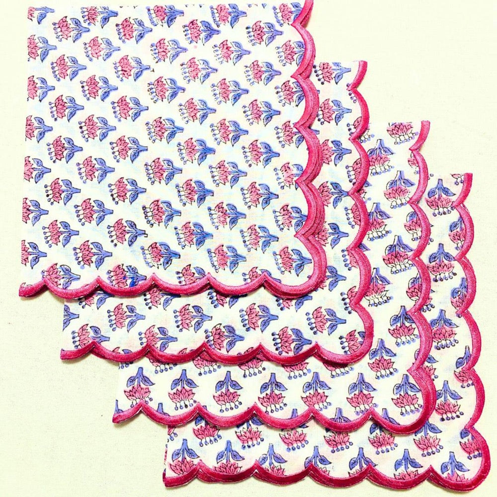 Pink Sapphire Cotton Napkin Set, Hand Block Printed Floral Cloth Napkin with Embroidered Scallop Edge